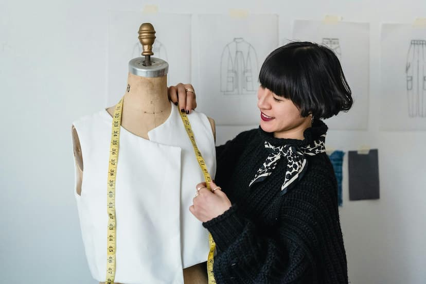 Female tailor with short black hair holding measuring tape next to a mannequin