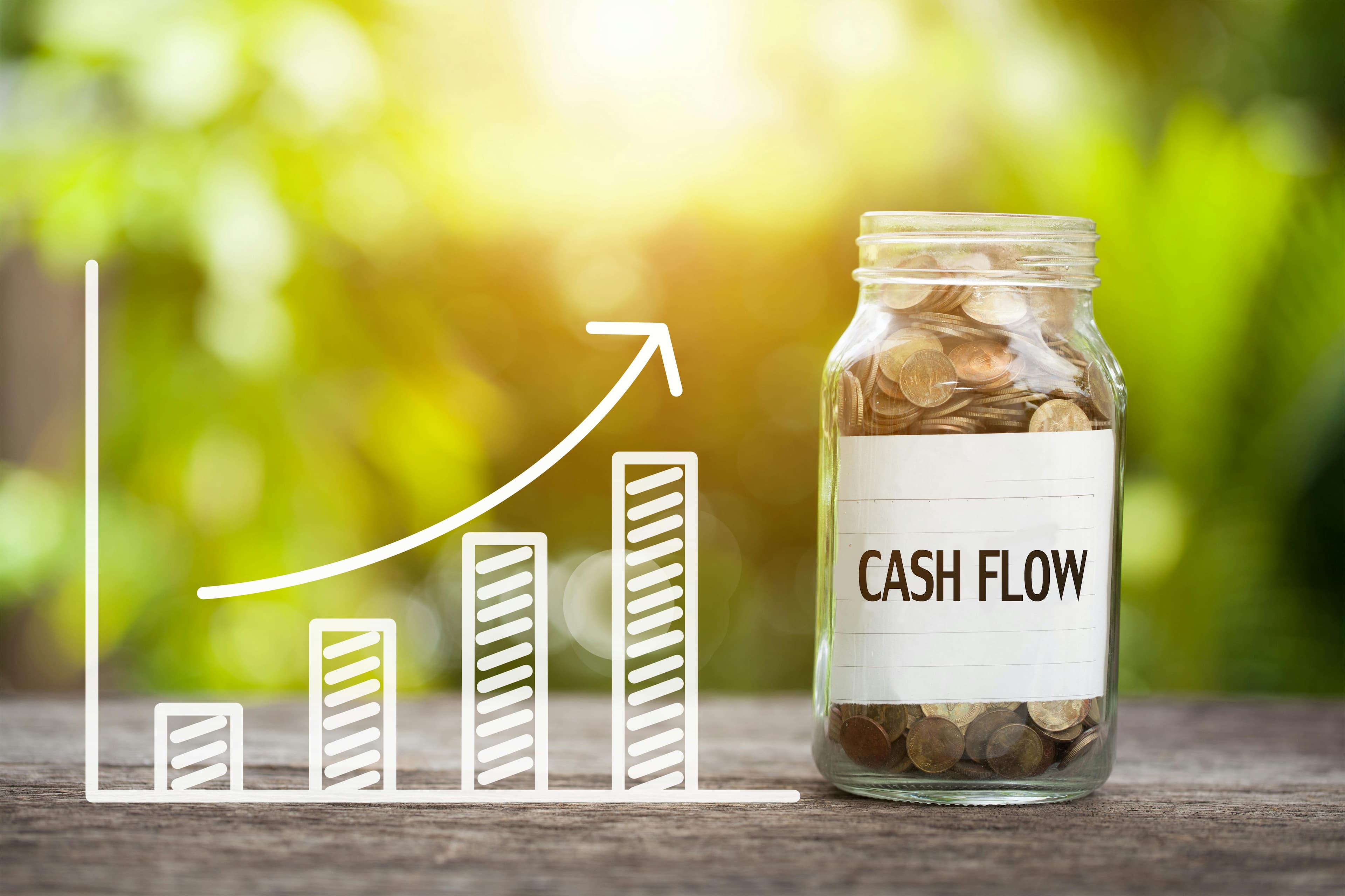 Tip jar titled 'cash flow' and a bar graph indicating a positive cash flow