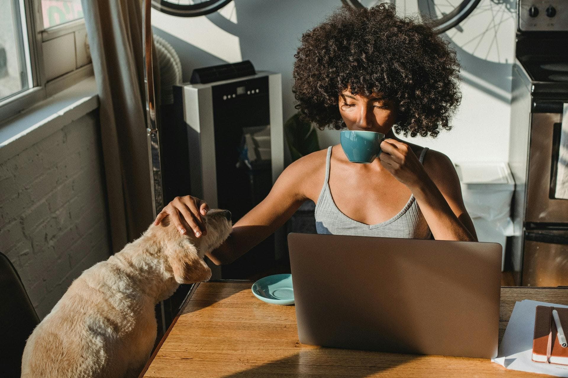 Freelancer working at laptop sipping from a blue mug while petty a dog