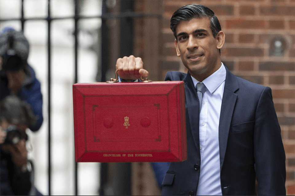 Chancellor of the Exchequer Rishi Sunak holding a red case in front of 11 Downing Street